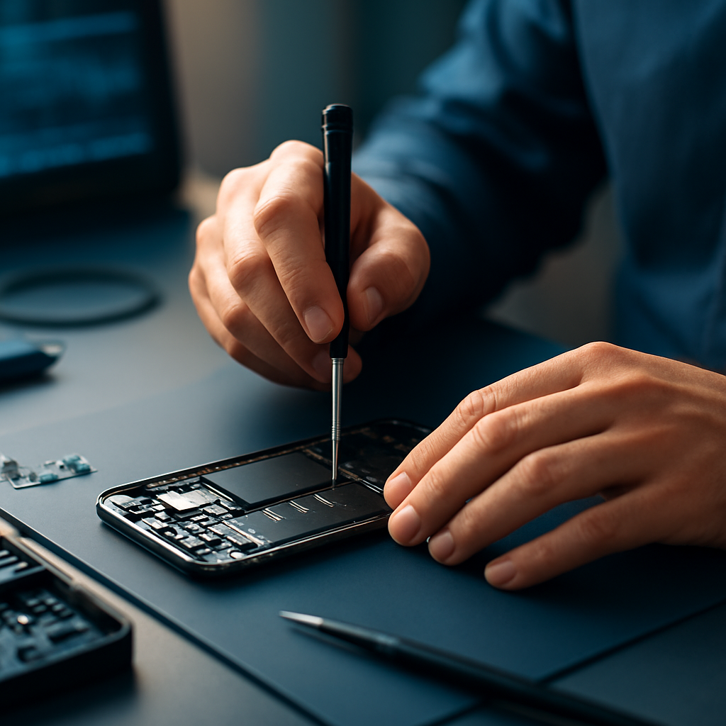Certified technician repairing a smartphone at the Charlotte Tech Repair workbench in Charlotte